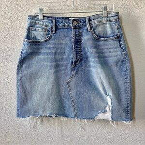 Driftwood Distressed Denim Mini Skirt Size 31 Blue Cotton Blend Raw Hem